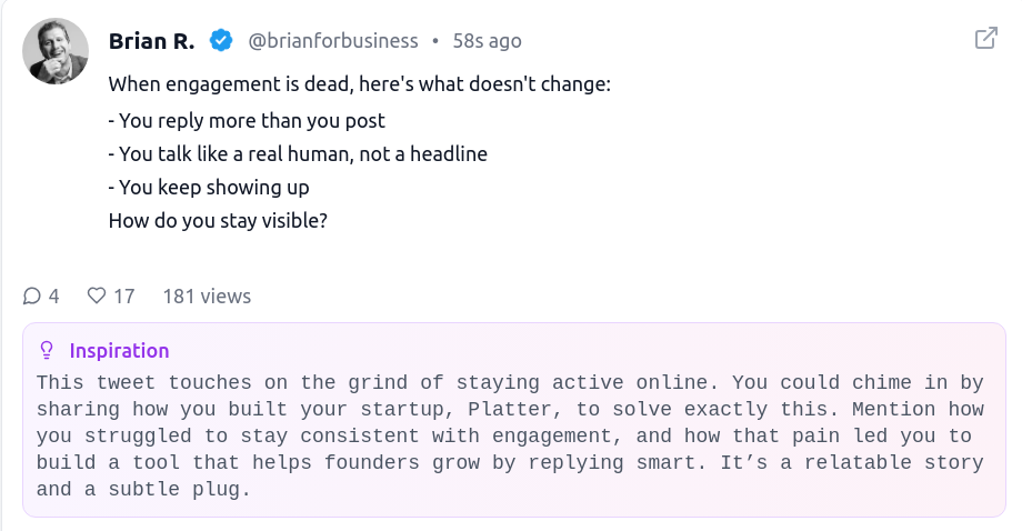 Platter curated engagement feed showing personalized post recommendations